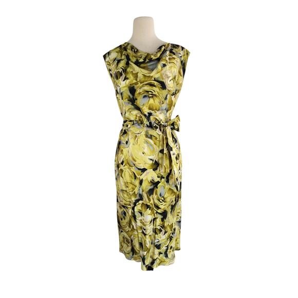 VTG 90s Talbots Collection Silk Watercolor Floral Midi Dress 14 Green Belted Bow - Picture 1 of 12